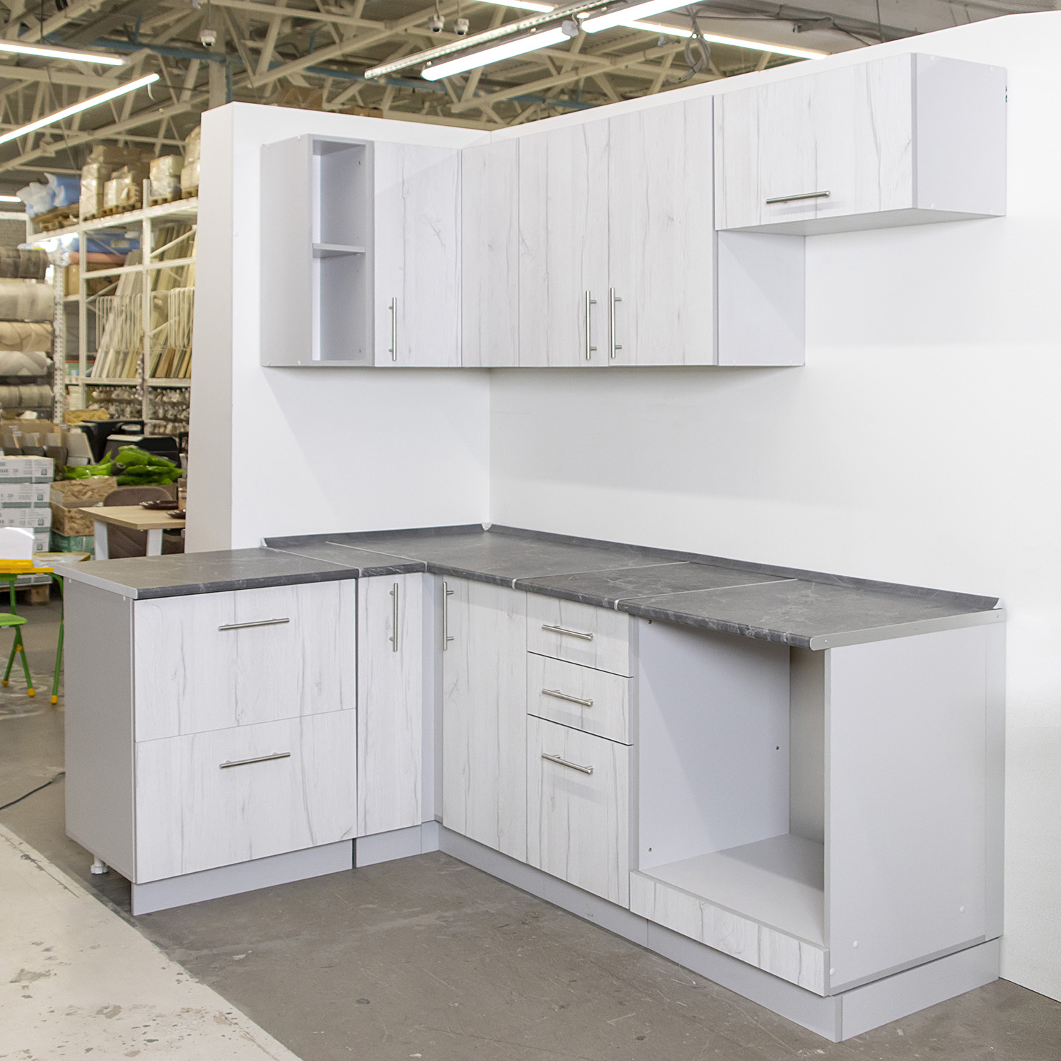 Шкаф напольный угловой 1000х850х600 мм BROZEX-WOOD Camellia, левый, с дверцей, серый / юта Шкаф напольный угловой 1000х850х600 мм BROZEX-WOOD Camellia, левый, с дверцей, серый / юта