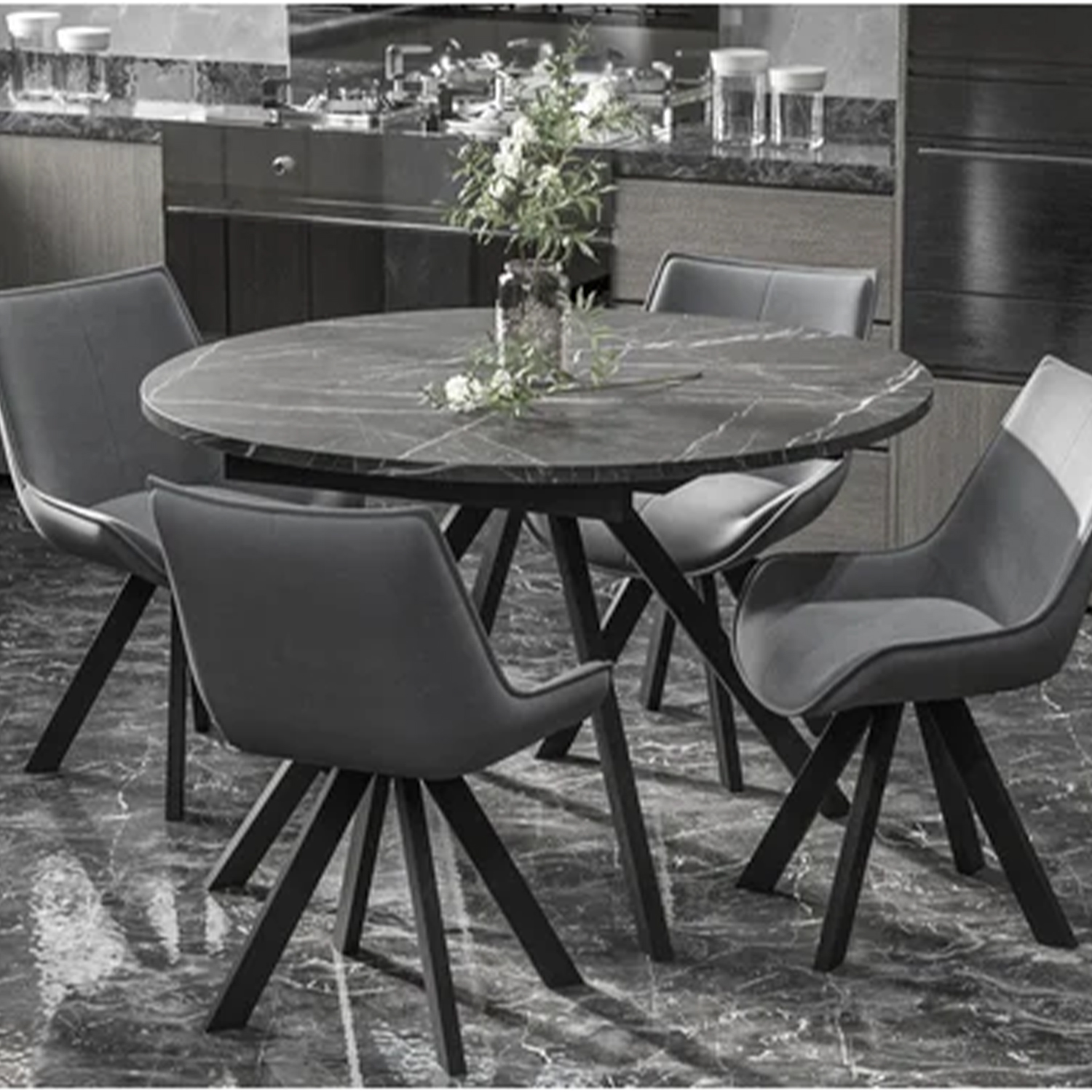 Стол обеденный круглый раздв.ЛОКИ d1200(+380) ЛДСП КАМЕНЬ ЧЕРНЫЙ+опора металл черный матовый*1