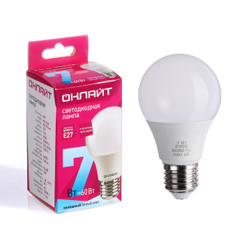 Лампа светодиодная ОНЛАЙТ, Е27, груша A60, 7 Вт, 560 Лм, 4000 К, нейтральный белый