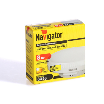 Лампа светодиодная Navigator, GX53, таблетка, 8 Вт, 600 Лм, 2700 К, теплый белый