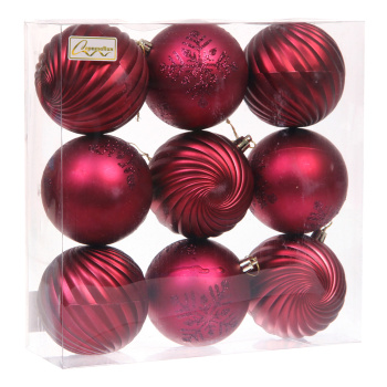 Новогодние шары "Изящные узоры" 8 см (набор 9 шт), Рубин
