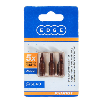 Бита шлицевая SL4,0х25мм (3шт) фрезерованная S2 хвостовик1/4"С EDGE PATRIOT *1/20